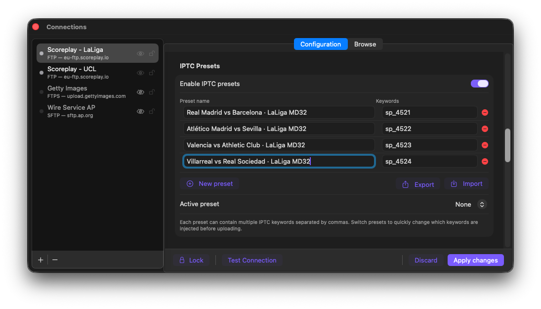 FTPush IPTC Presets configured for LaLiga MD32 — four matches with sp_ keywords