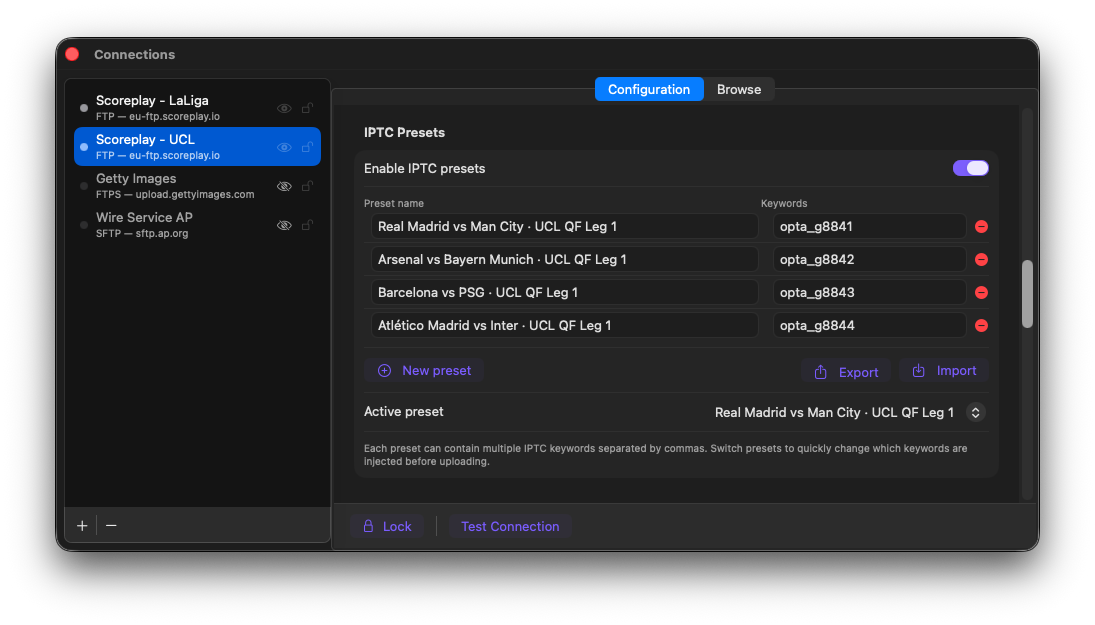 FTPush IPTC Presets configured for UCL QF — four matches with opta_ keywords