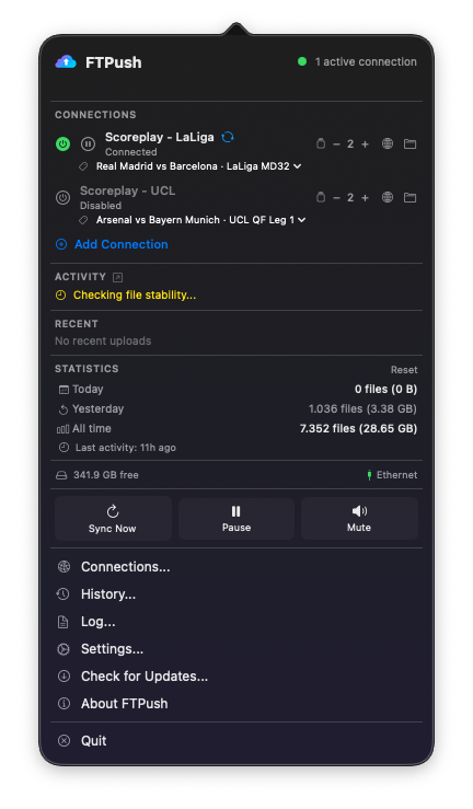FTPush popover showing two ScorePlay connections with their active presets