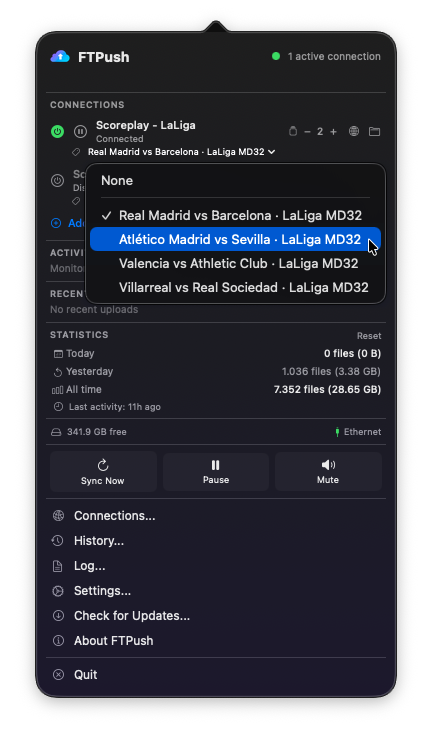 FTPush popover — preset dropdown open to switch between matches