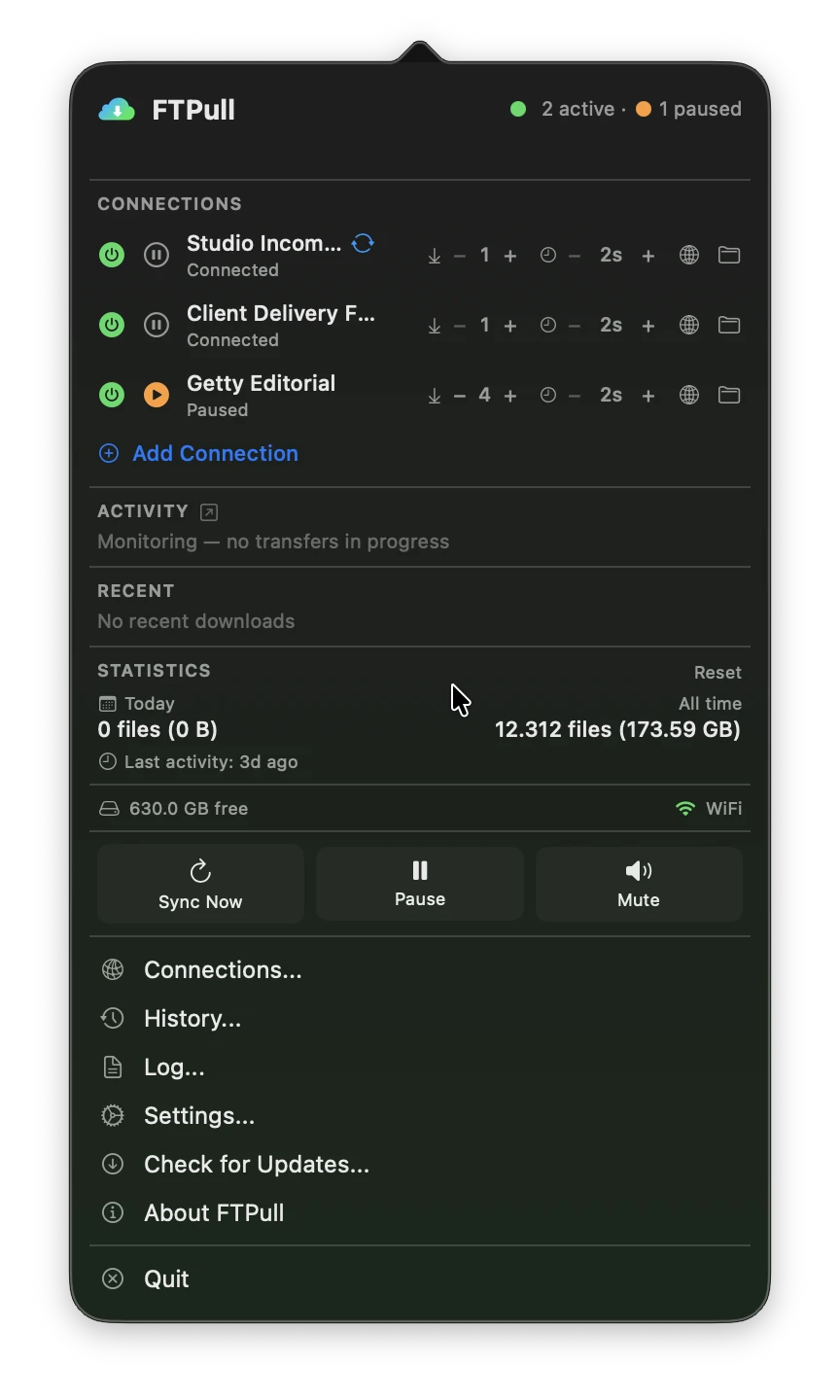 FTPull menu bar popover showing monitored connections, downloaded files count and last transfer activity