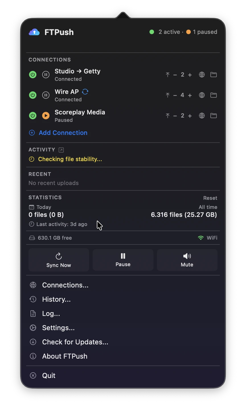 FTPush menu bar popover showing connections, activity and statistics